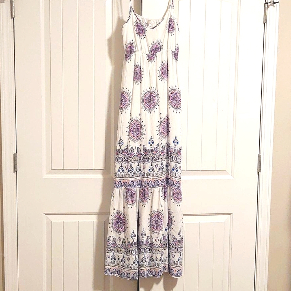 Entro boho white blue mandala maxi dress v-neck